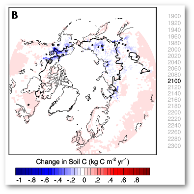B) Permafrost loss and soil C change for transient, fully-forced C–N run with decomposable deep C (<i>Z<sub>τ</sub></i> = 10 m). The permafrost boundary retreats poleward with warming; C losses from soils follow and loss rates persist long after the period of rapid thaw.