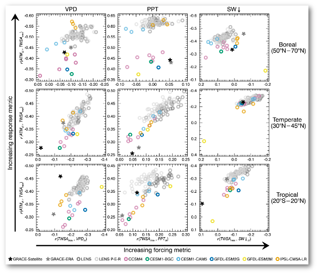 Scatter plots of forcing and response metrics for LENS and CMIP5 models with observations, averaged across land regions within different latitude bands. For LENS, we show metrics calculated using the explicit TWS output (darker gray) and TWSA estimates from the accumulated residuals of the surface water balance (lighter gray). For CMIP5 models, we calculated metrics using TWSA estimates from the accumulated residuals of the surface water balance.