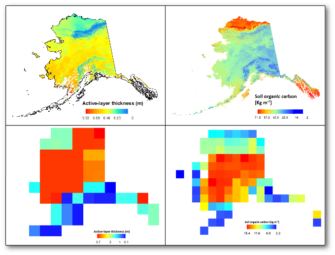Spatial distribution of active-layer thickness (left) and soil organic carbon stocks to 1-m depth (right) across Alaska (upper figures) compared with those represented in the average of four CMIP5 earth system models (lower figures).