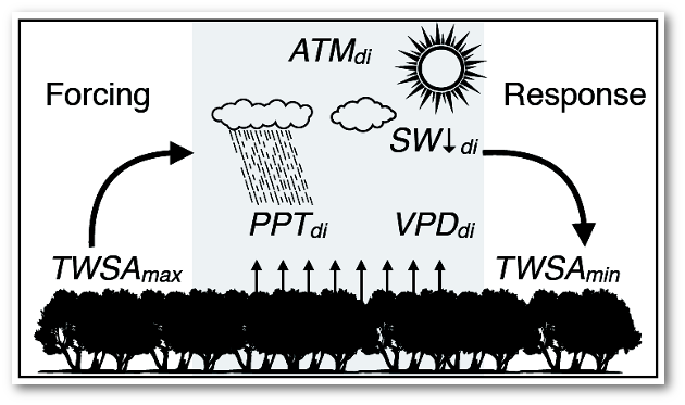 Representation of the interactions between TWS and atmospheric component, demonstrating the forcing limb of the feedback loop, in which TWSA max forces subsequent atmospheric conditions, as well as the response limb, in which TWSA min responds to the atmospheric state during the drawdown interval.