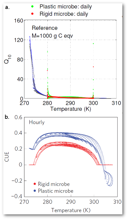 Model predictions of (a) temperature sensitivities of decomposition (Q10) and (b) carbon use efficiencies (CUE) for rigid and plastic microbes.