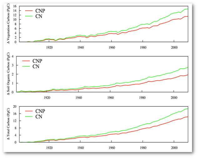 These graphs show the trajectories of vegetation, soil, and total (vegetation plus soil) carbon stocks for the period 1900–2009 associated with historical changes in atmospheric CO<sub>2</sub>. CNP simulated carbon accumulation is about 26% lower than that simulated by the CN model, which is due mainly to low soil P availability in most of the Amazon region, which causes a weaker response of plant growth to increasing atmospheric CO<sub>2</sub>.