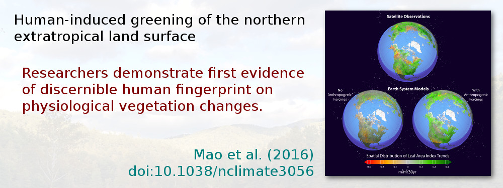Human-induced greening of the northern extratropical land surface. Researchers demonstrate first evidence of discernible human fingerprint on physiological vegetation changes. Mao et al. (2016), doi:10.1038/nclimate3056