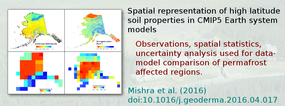 Spatial representation of high latitude soil properties in CMIP5 Earth system models. Observations, spatial analysis, undertainty analysis used for data-model comparison of permafrost affected regions. Mishra et al. (2016), doi:10.1016/j.geoderma.2016.04.017.