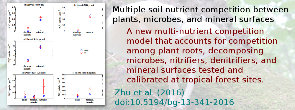 Multiple soil nutrient competition between plants, microbes, and mineral surfaces. A new multi-nutrient competition model that accounts for competition among plant roots, decomposing microbes, nitrifiers, denitrifiers, and mineral surfaces tested and calibrated at tropical forest sites. Zhu et al. (2016), doi:10.5194/bg-13-341-2016.